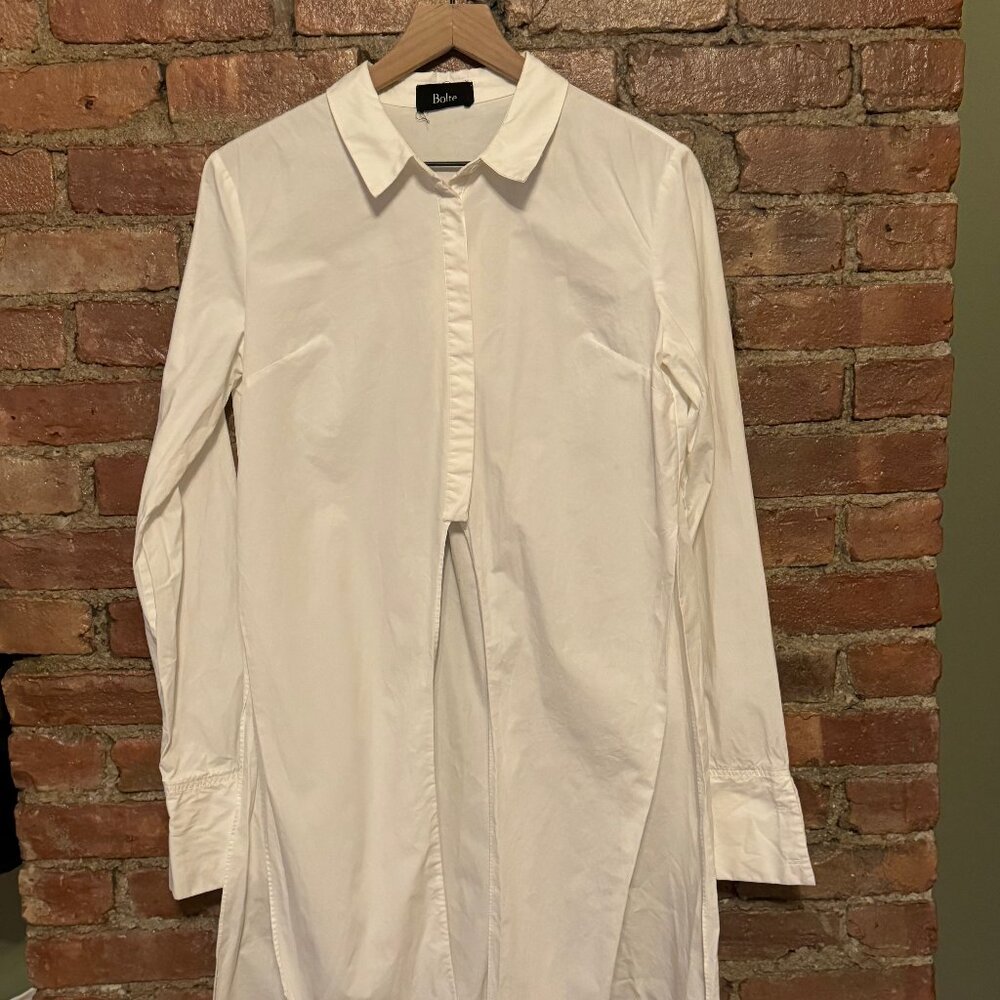 Cropped white collared shirt with extended sides